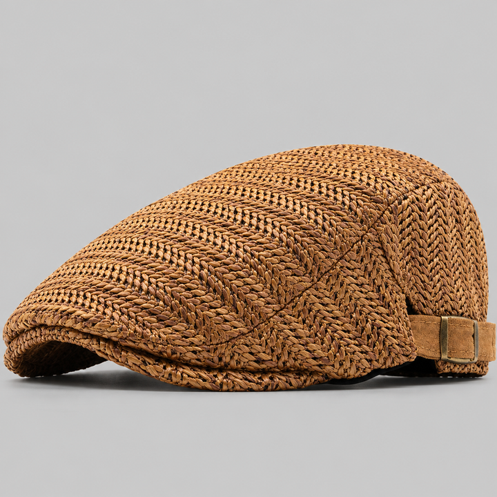Casquette Plate Homme en Paille Tressée avec Sangle en Cuir Ajustable