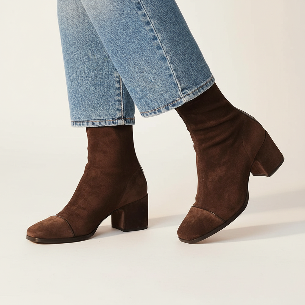 Bottines Femme Effet Suédine à Bout Carré et Talon Bloc