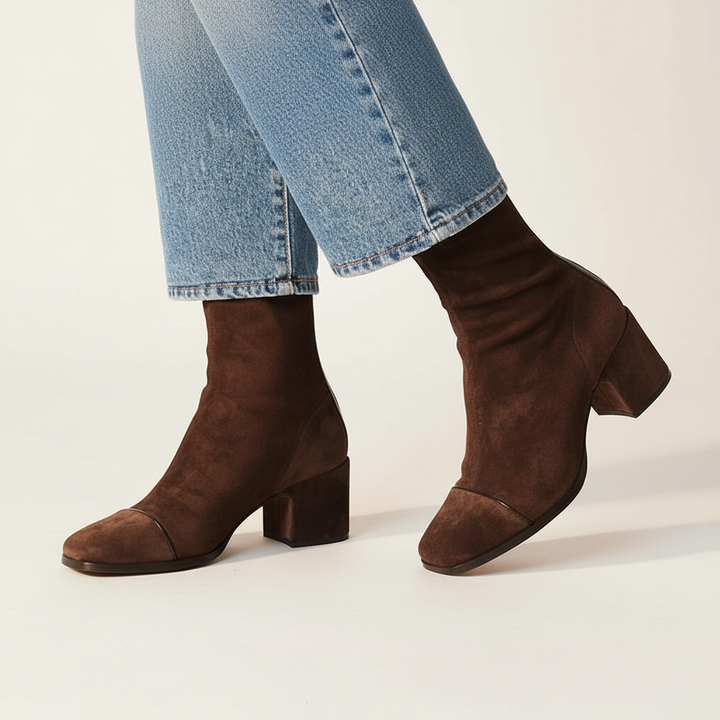 Bottines Femme Effet Suédine à Bout Carré et Talon Bloc