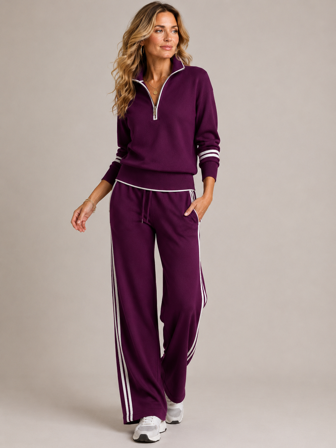 Ensemble Sweat à Demi Zip et Pantalon Large à Bandes Contrastantes pour Femme