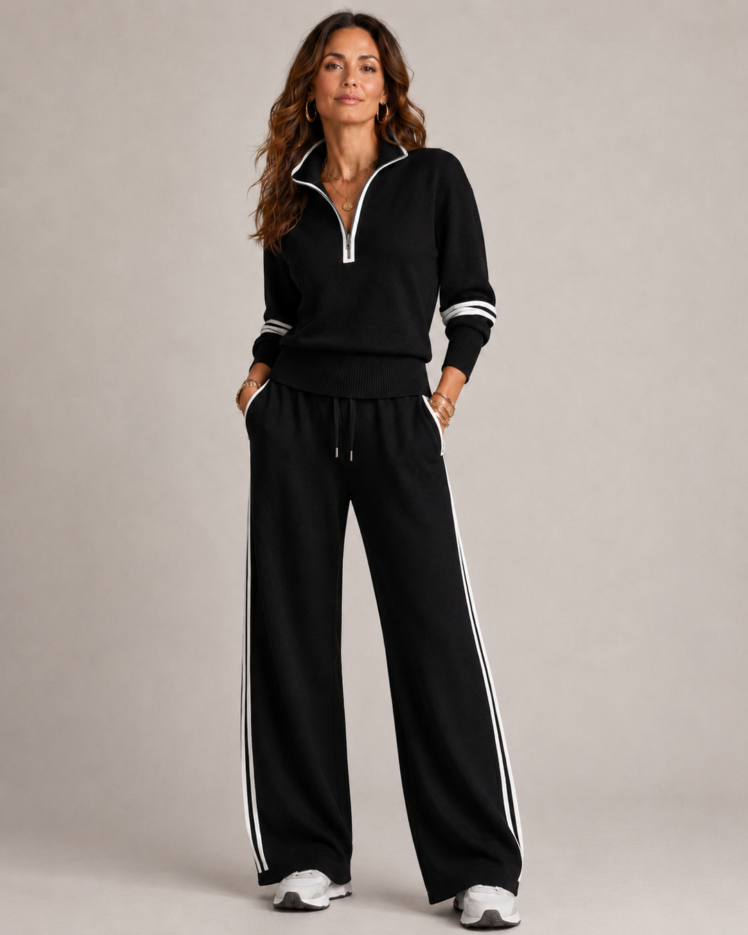 Ensemble Sweat à Demi Zip et Pantalon Large à Bandes Contrastantes pour Femme