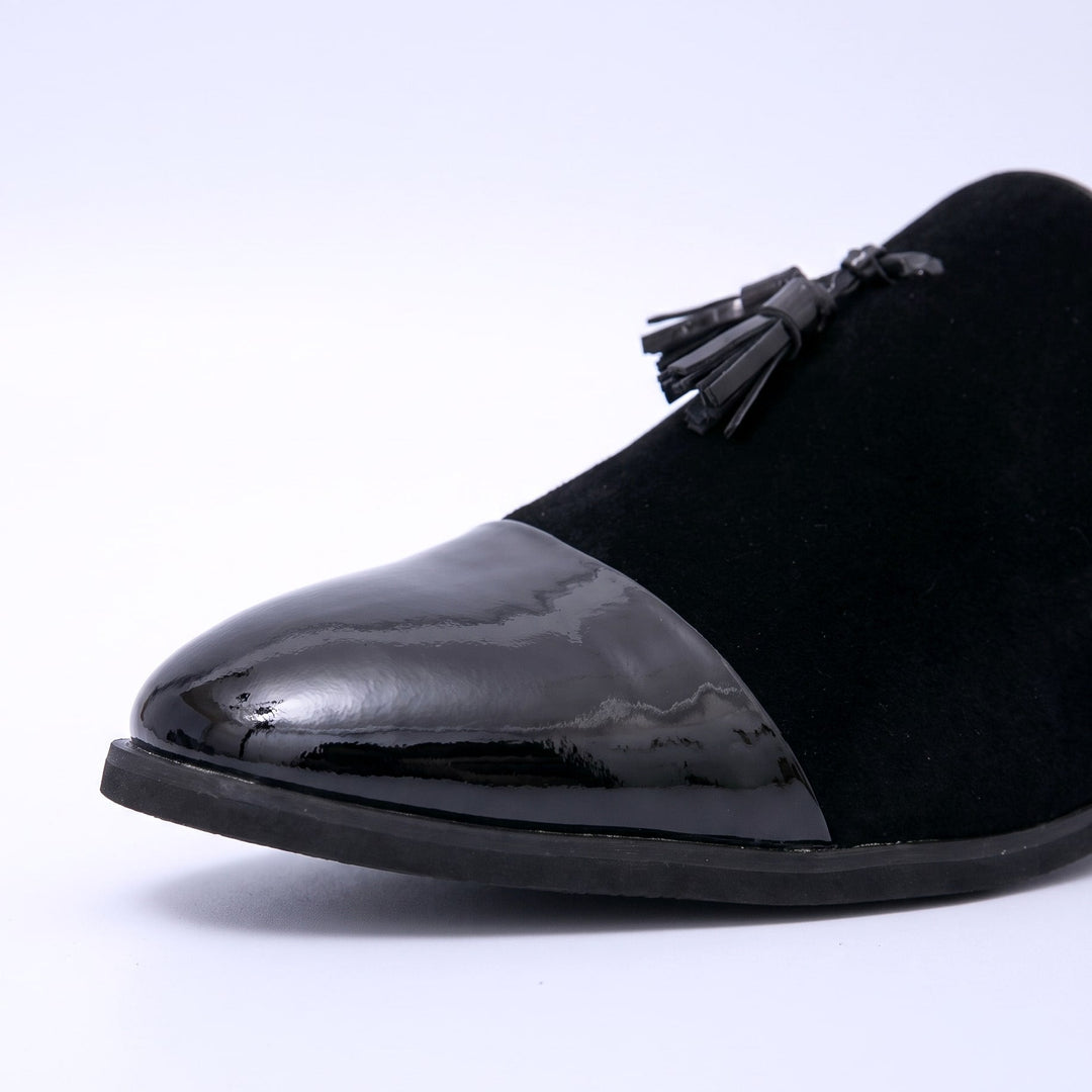 Mocassins Homme en Daim avec Pampilles et Bout en Cuir Verni