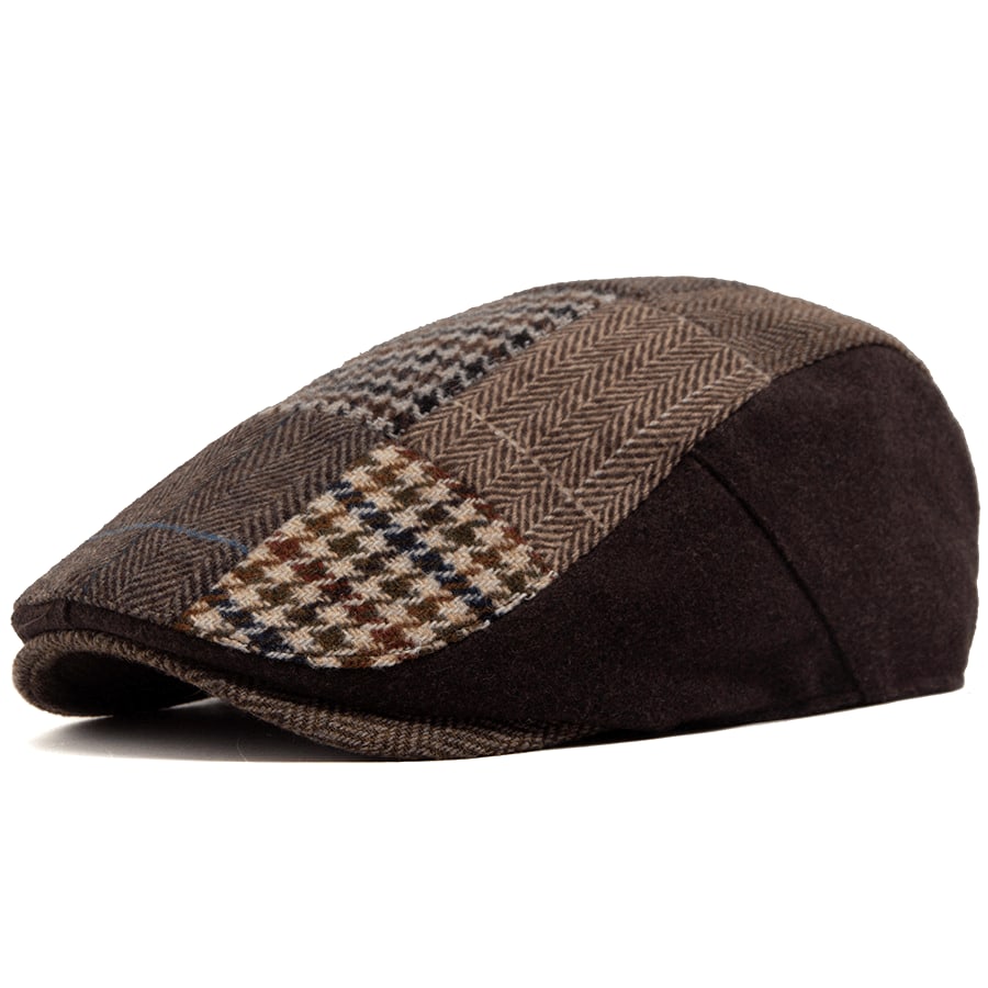 Casquette Plate Homme en Laine avec Motif Tartan et Visière Courte