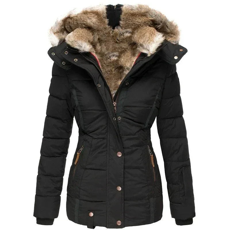 Manteau d'Hiver Femme Matelassé Capuche Fourrure Ceinturé