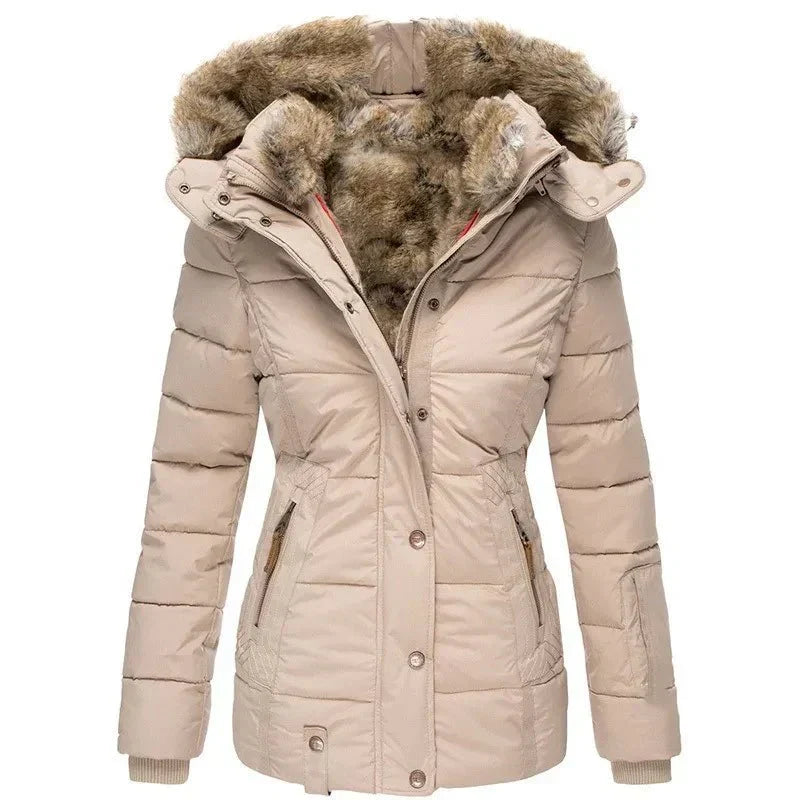 Manteau d'Hiver Femme Matelassé Capuche Fourrure Ceinturé