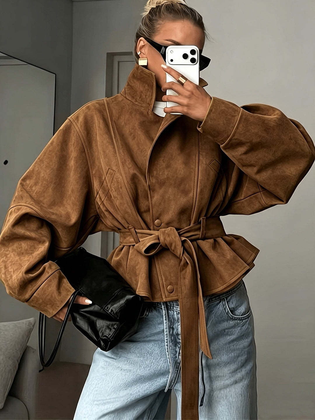 Veste Femme Ceinturée Col Revers Manches Longues