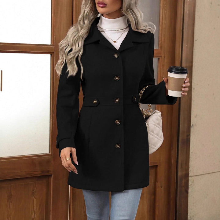 Manteau Femme Mi-Long en Mélange de Laine à Revers et Simple Boutonnage