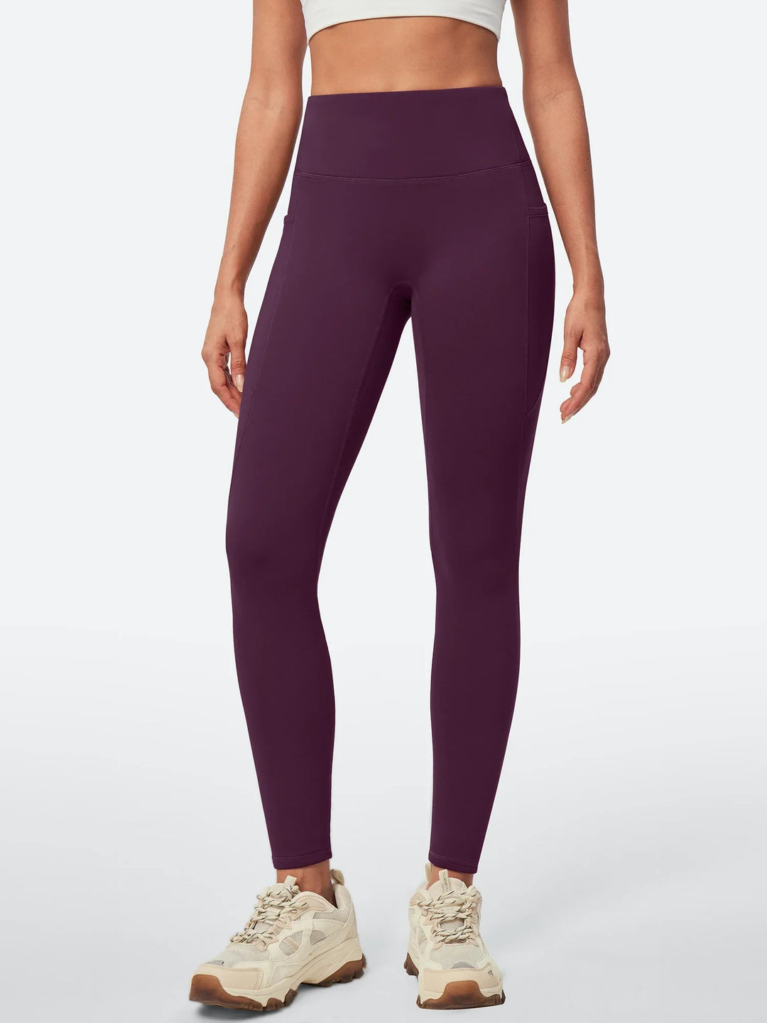 Legging Femme Taille Haute Doublé Polaire Sans Couture Avant Avec Poches