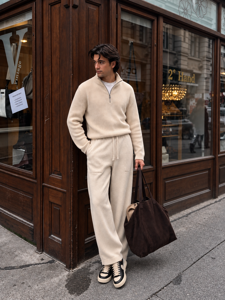Ensemble En Maille Homme Demi Zip Col Montant Et Pantalon