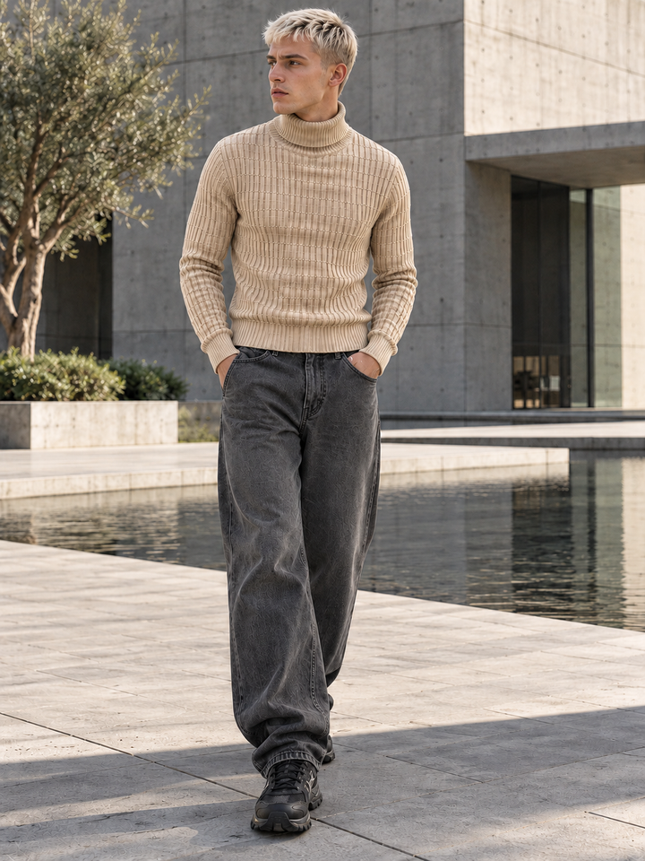 Pull Col Roulé Homme Côtes Verticales En Maille