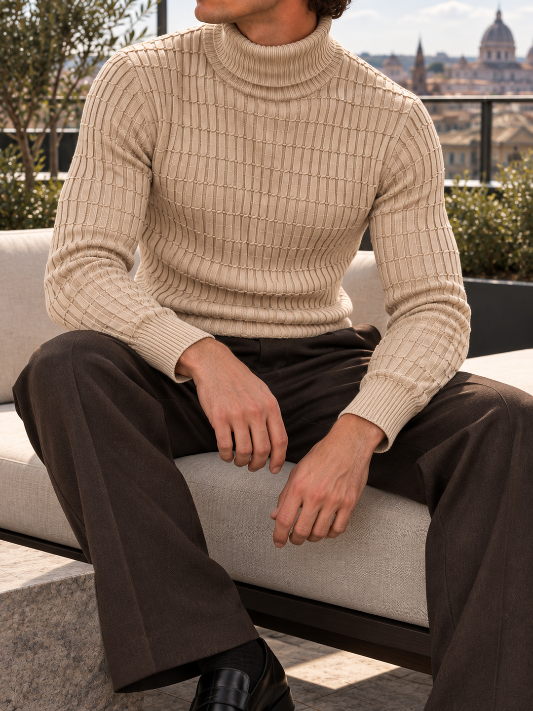 Pull Col Roulé Homme Côtes Verticales En Maille