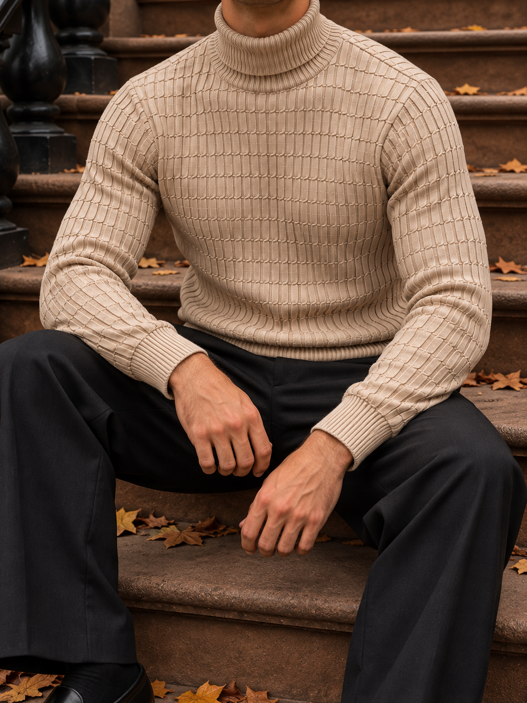 Pull Col Roulé Homme Côtes Verticales En Maille