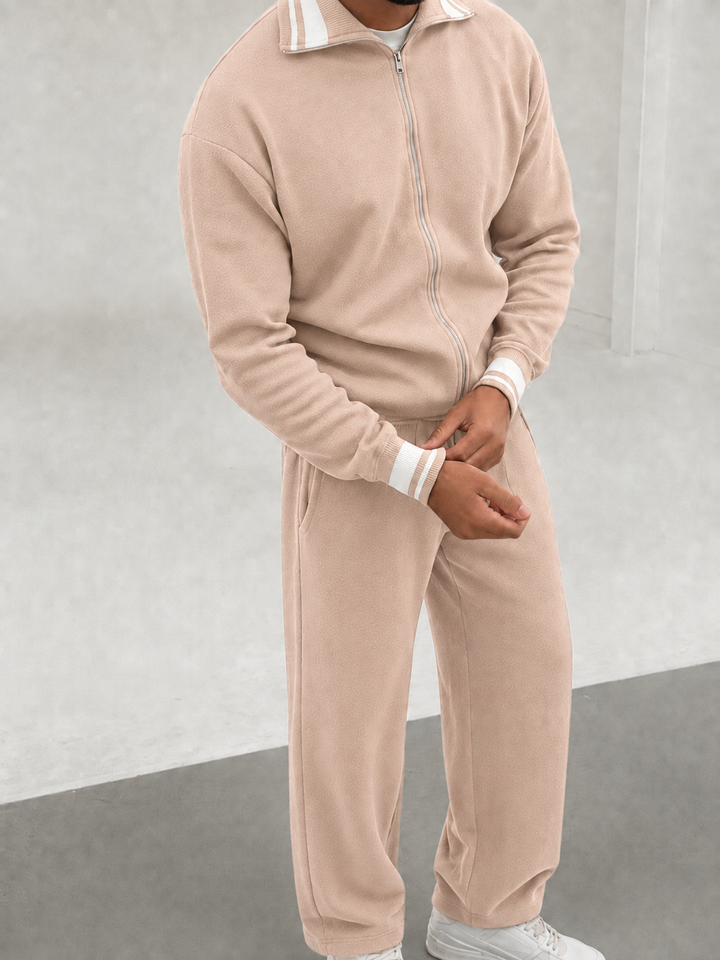 Ensemble En Maille Homme Zip Integral Col Contrasté Et Pantalon