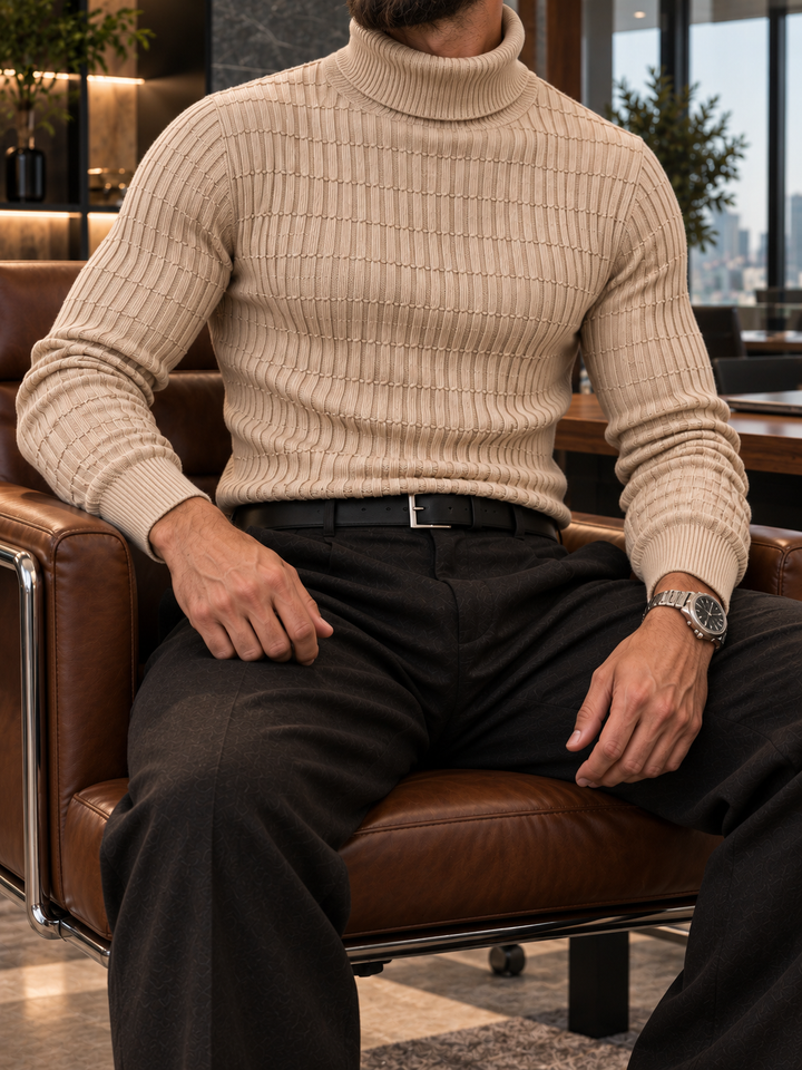 Pull Col Roulé Homme Côtes Verticales En Maille