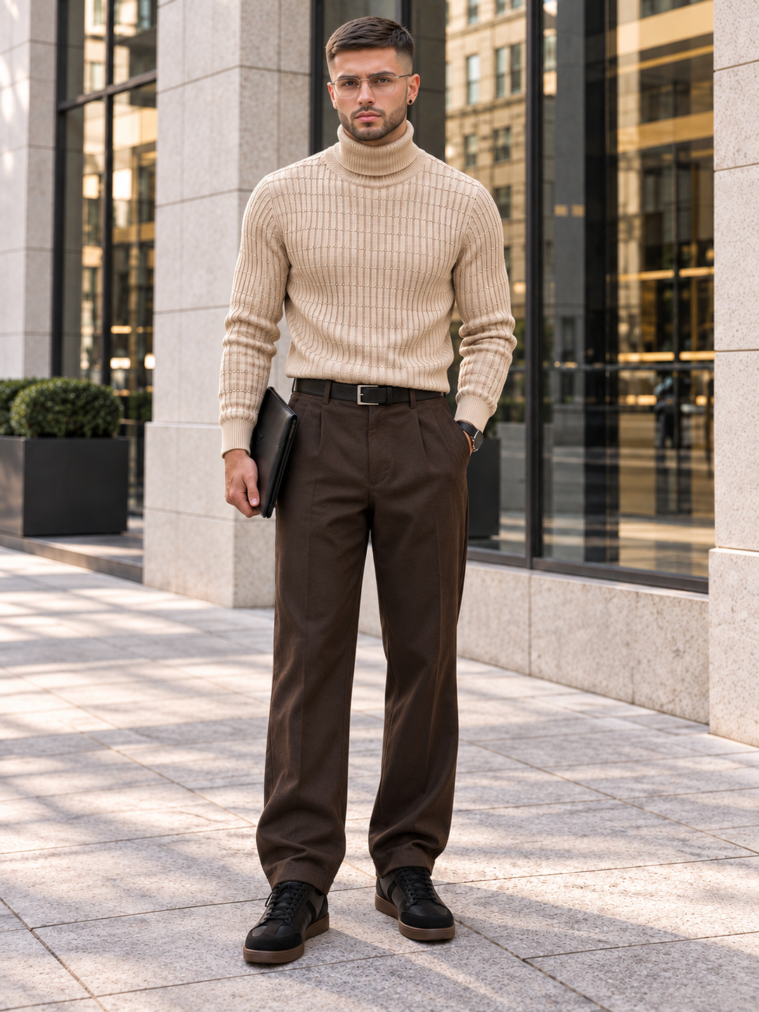 Pull Col Roulé Homme Côtes Verticales En Maille