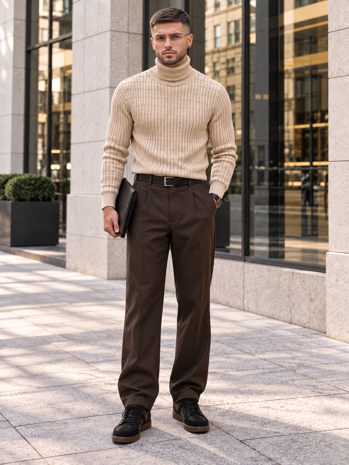 Pull Col Roulé Homme Côtes Verticales En Maille