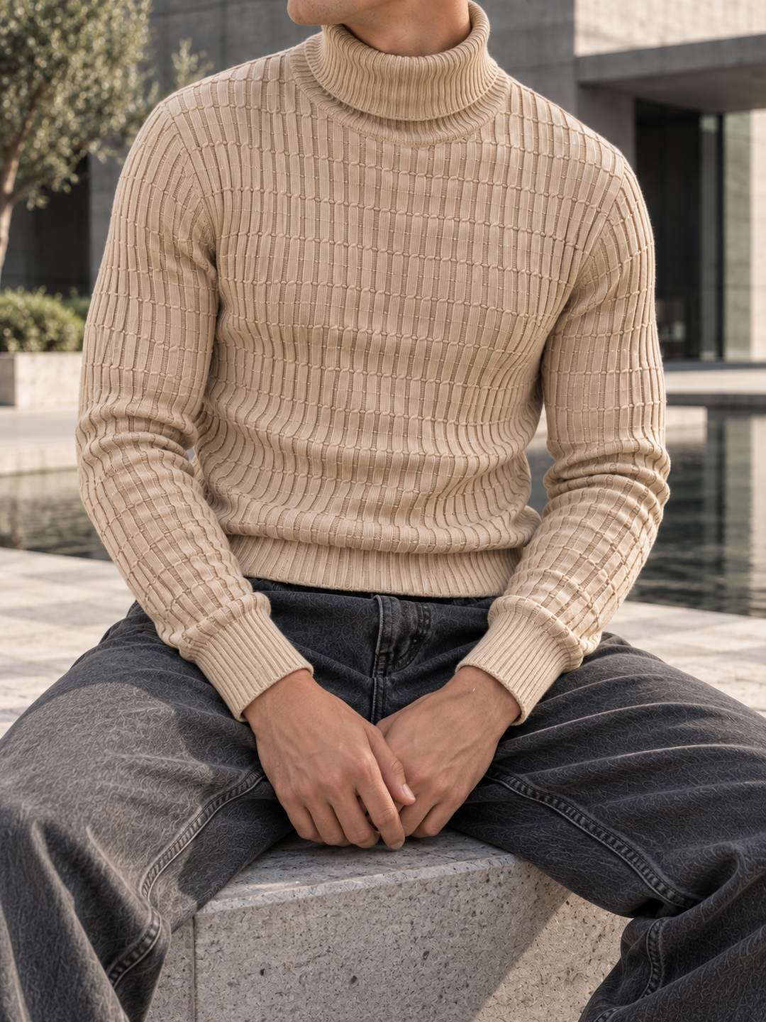 Pull Col Roulé Homme Côtes Verticales En Maille