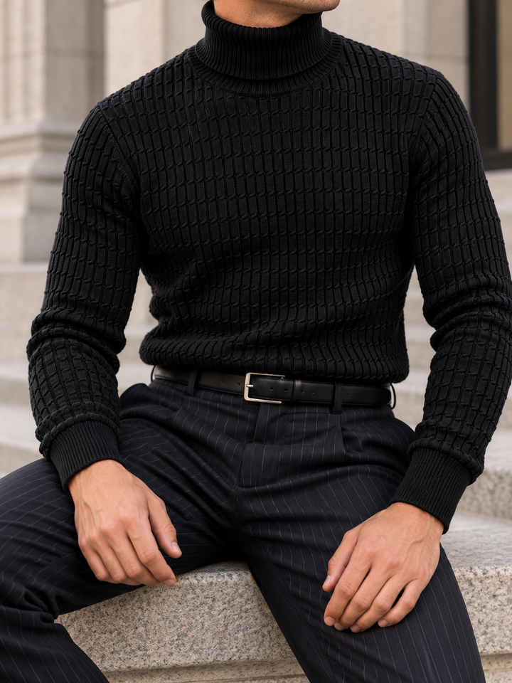 Pull Col Roulé Homme Côtes Verticales En Maille