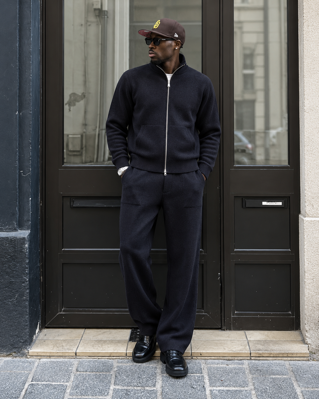 Ensemble En Maille Homme Col Montant Zippé Et Pantalon Droit