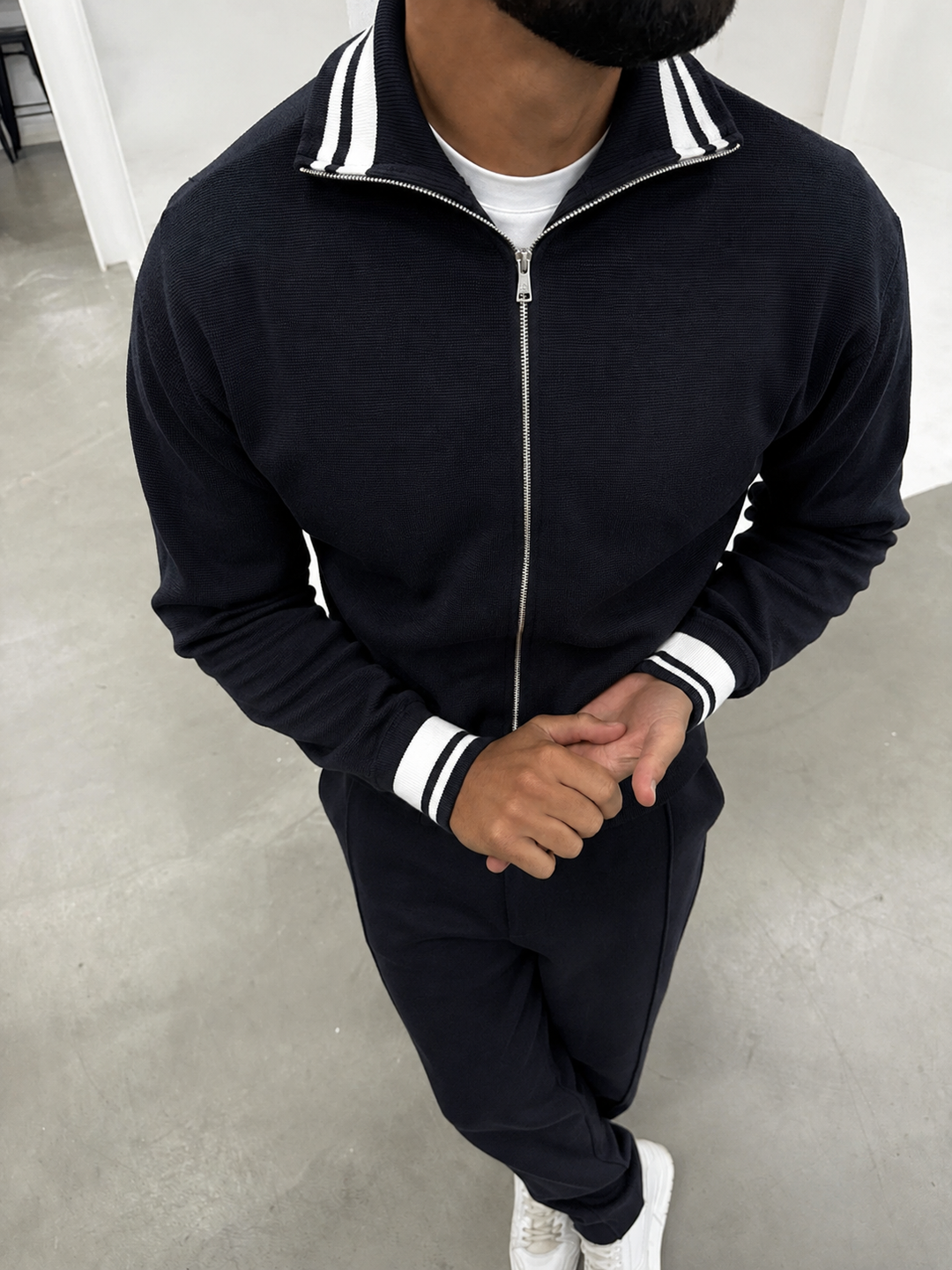 Ensemble En Maille Homme Zip Integral Col Contrasté Et Pantalon