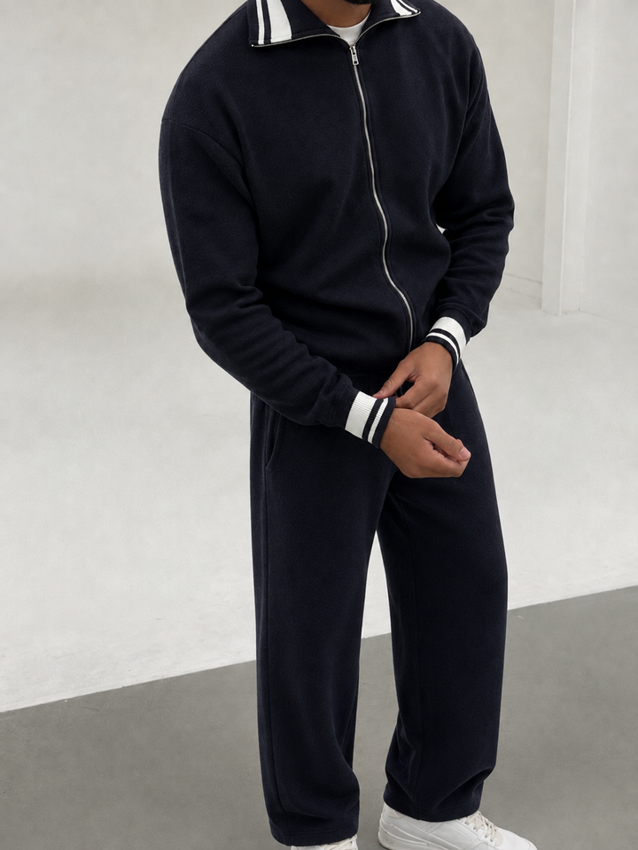 Ensemble En Maille Homme Zip Integral Col Contrasté Et Pantalon