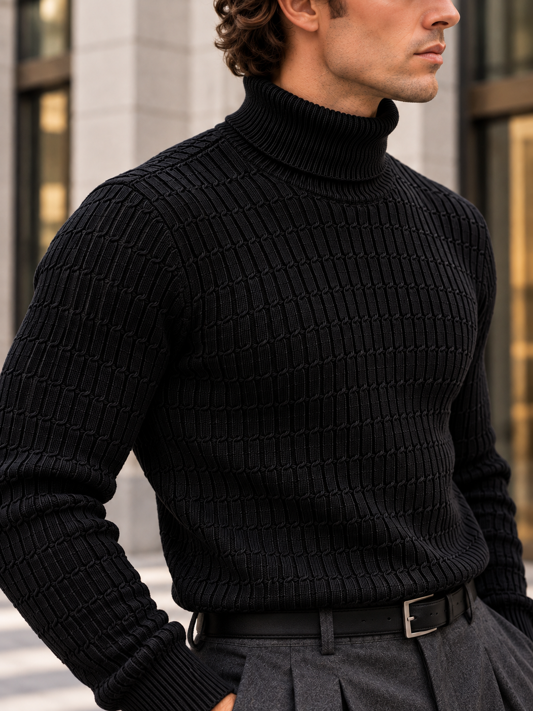 Pull Col Roulé Homme Côtes Verticales En Maille