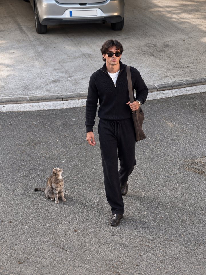 Ensemble En Maille Homme Demi Zip Col Montant Et Pantalon