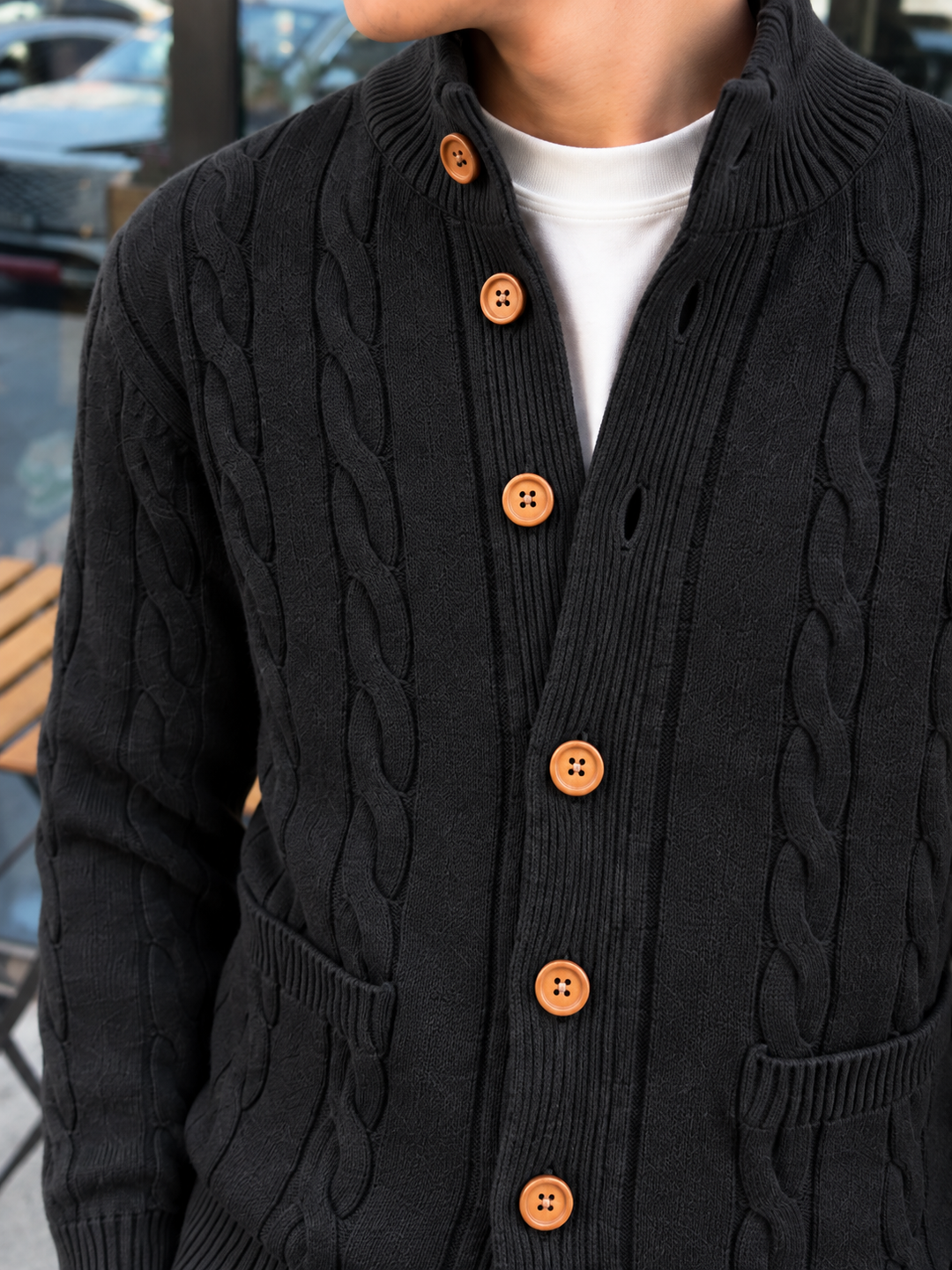 Cardigan Homme Maille Torsadée Boutonné Avec Petit Col Montant