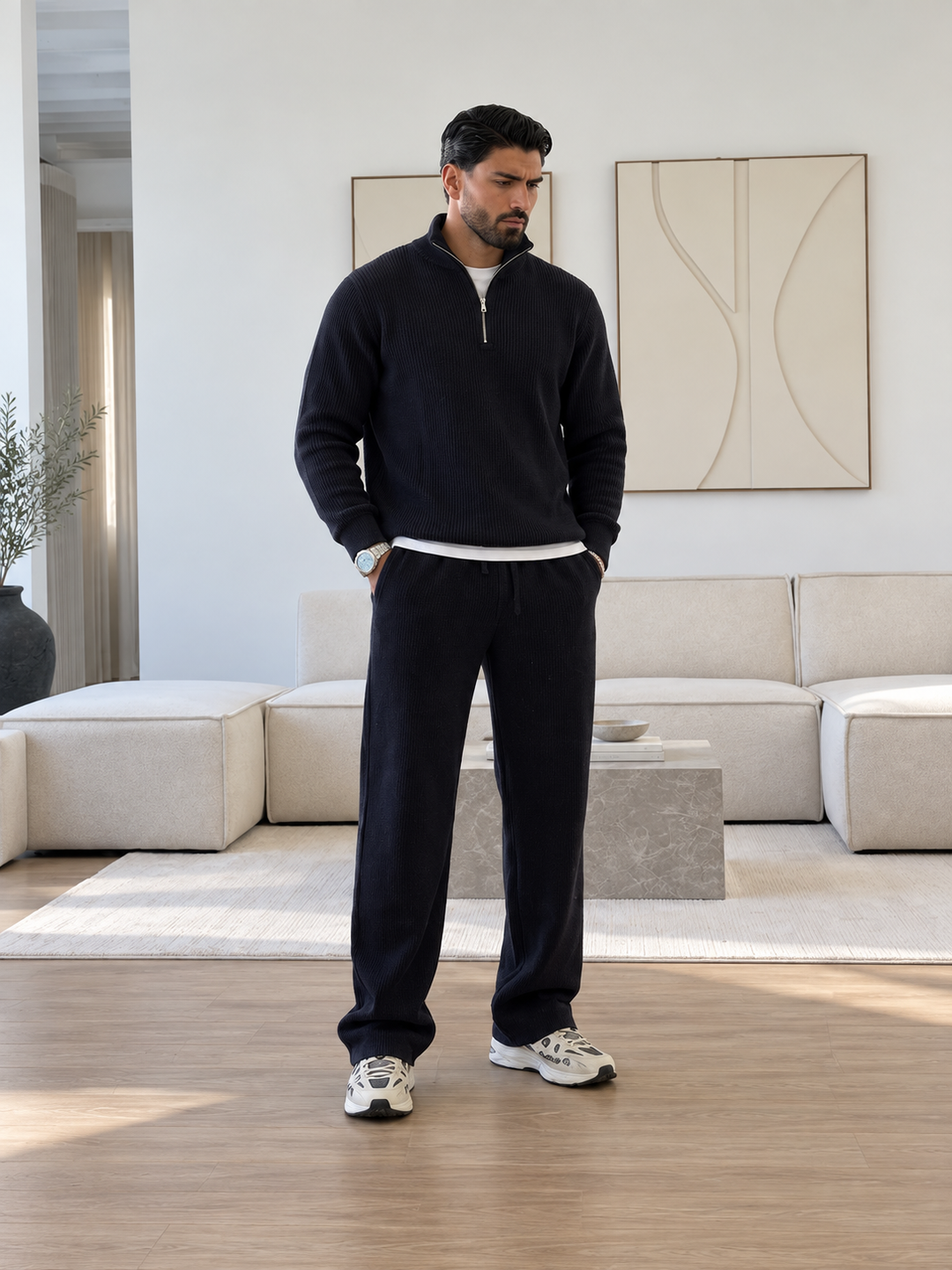 Ensemble En Maille Homme Demi Zip Col Montant Et Pantalon