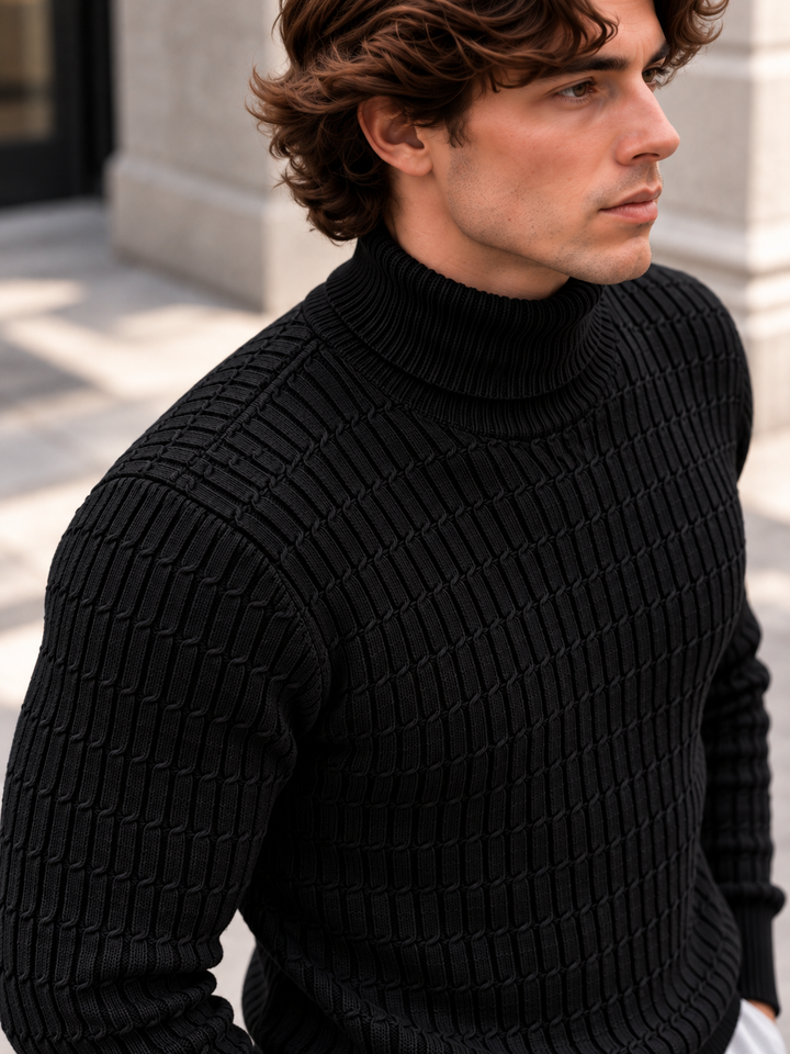 Pull Col Roulé Homme Côtes Verticales En Maille
