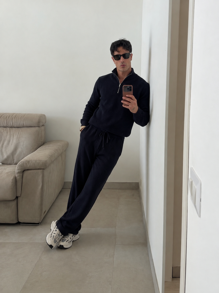 Ensemble En Maille Homme Demi Zip Col Montant Et Pantalon