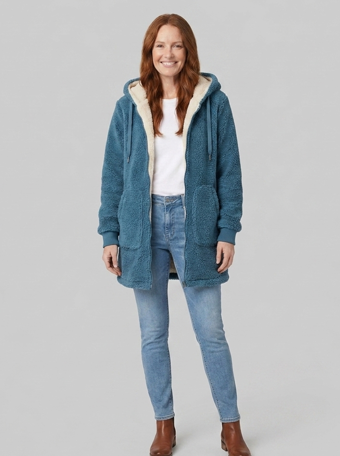 Manteau Femme Mi-Long En Jean Doublé Sherpa Avec Capuche