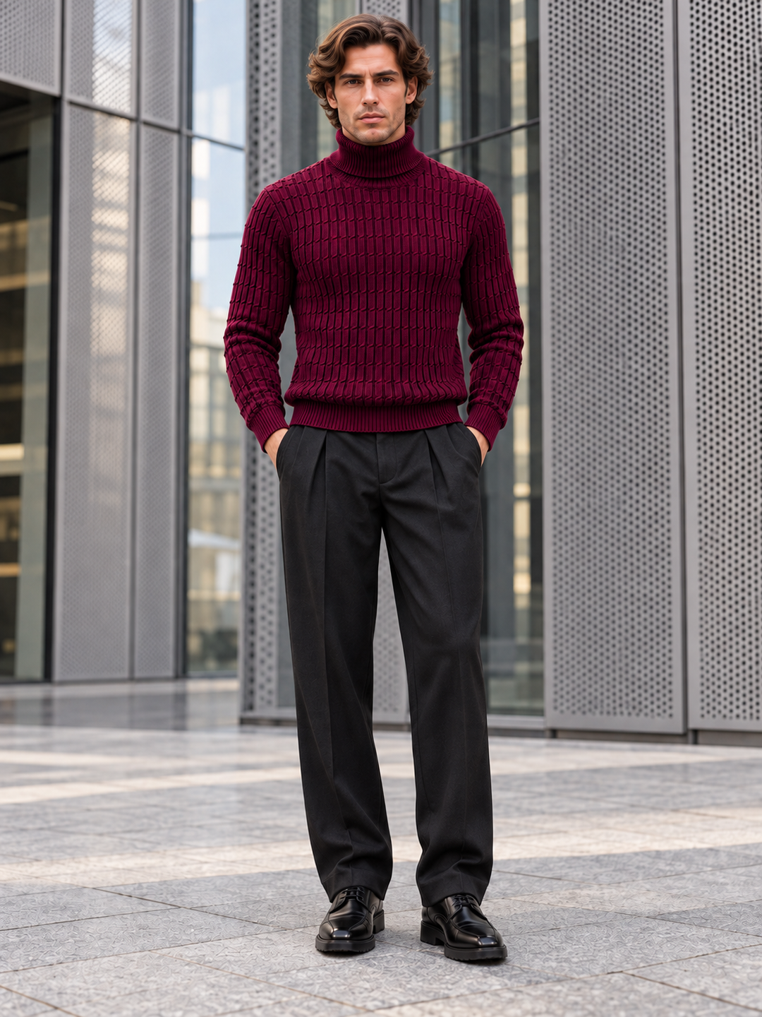 Pull Col Roulé Homme Côtes Verticales En Maille