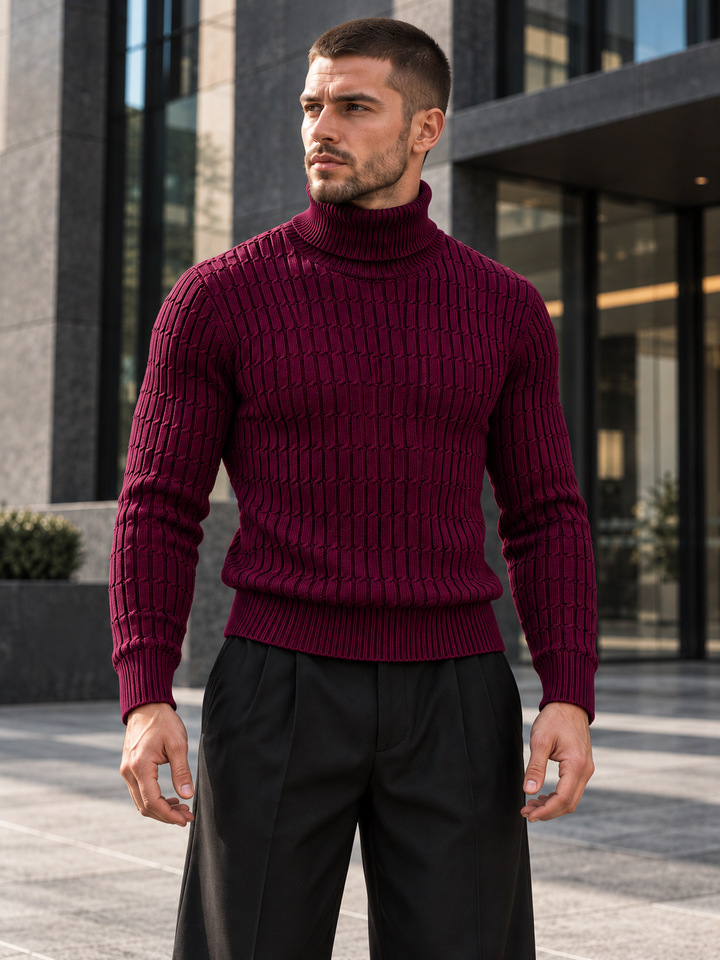 Pull Col Roulé Homme Côtes Verticales En Maille