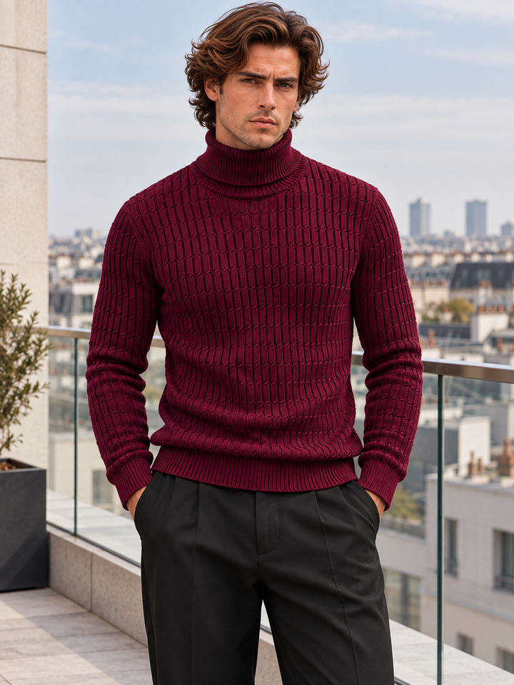 Pull Col Roulé Homme Côtes Verticales En Maille