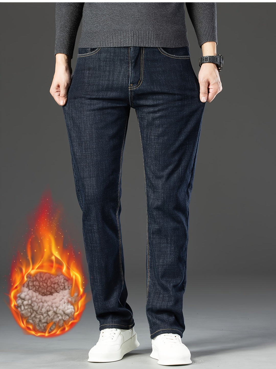 Jean d’Hiver Homme Doublé Polaire, Coupe Droite Stretch
