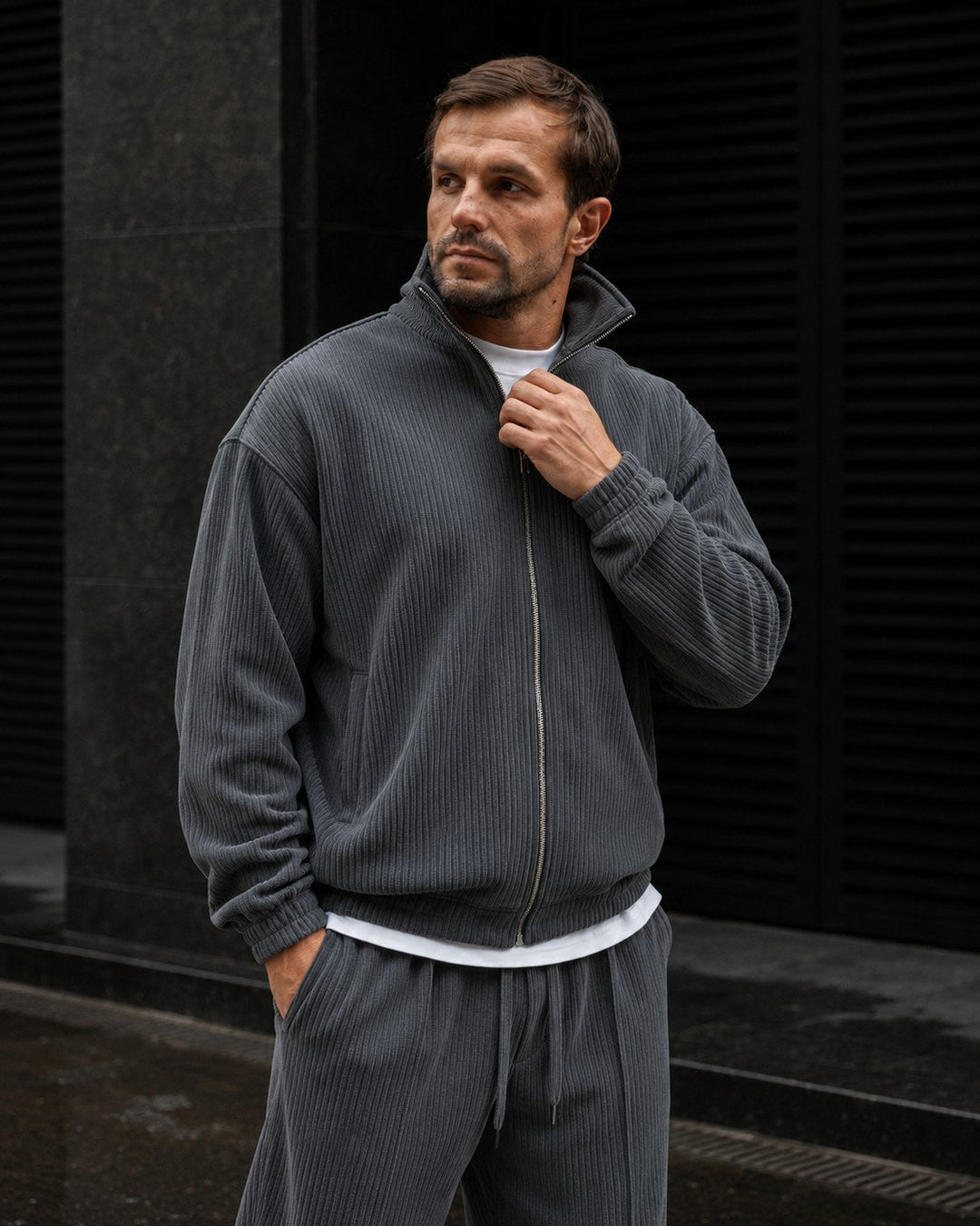 Ensemble Survêtement Homme Zip Intégral Col Montant Et Pantalon Fuselé