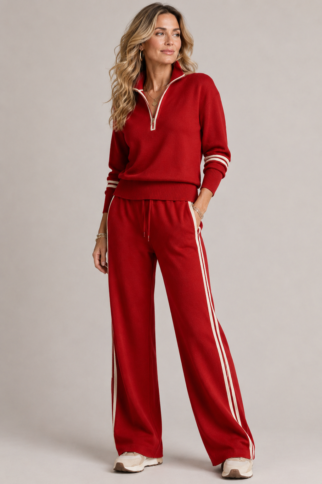 Ensemble Sweat à Demi Zip et Pantalon Large à Bandes Contrastantes pour Femme