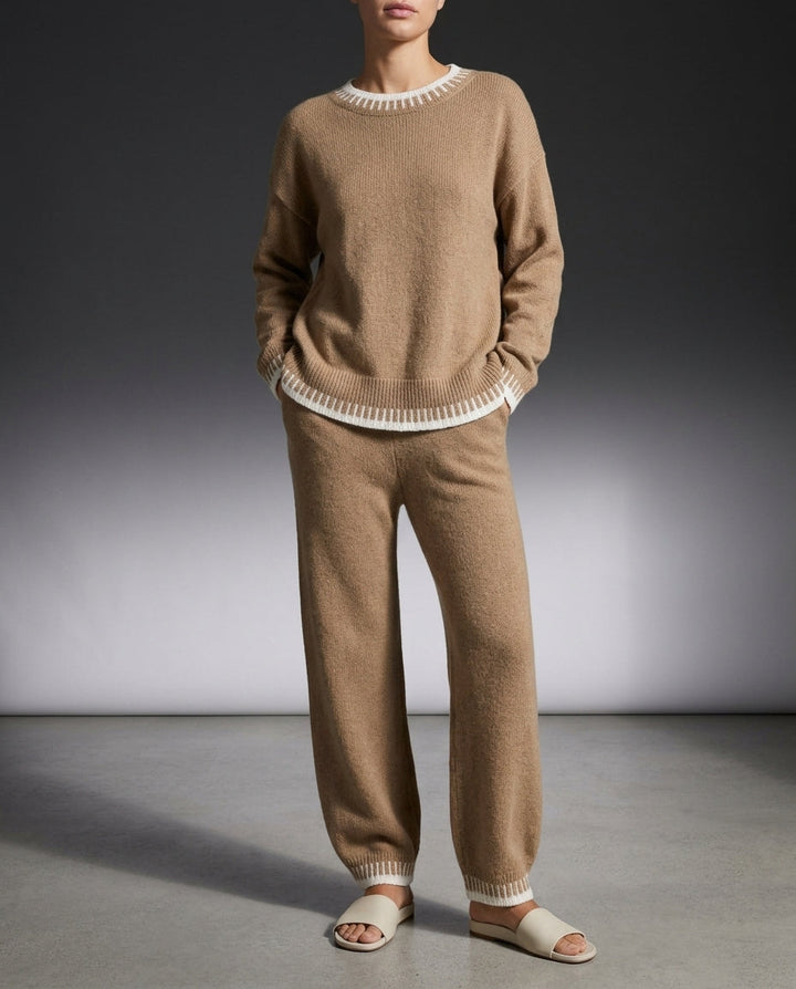 Ensemble Femme en Maille Color Block avec Pull et Pantalon Large