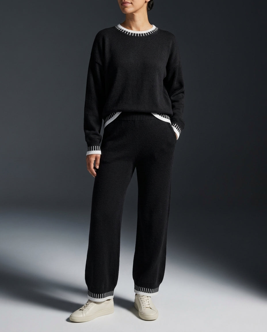 Ensemble Femme en Maille Color Block avec Pull et Pantalon Large