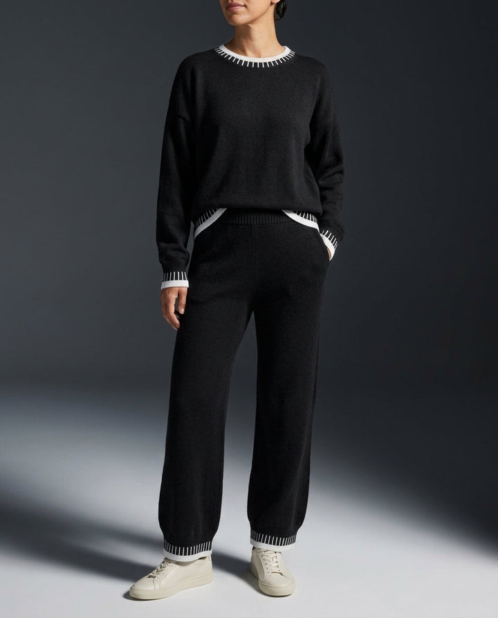 Ensemble Femme en Maille Color Block avec Pull et Pantalon Large