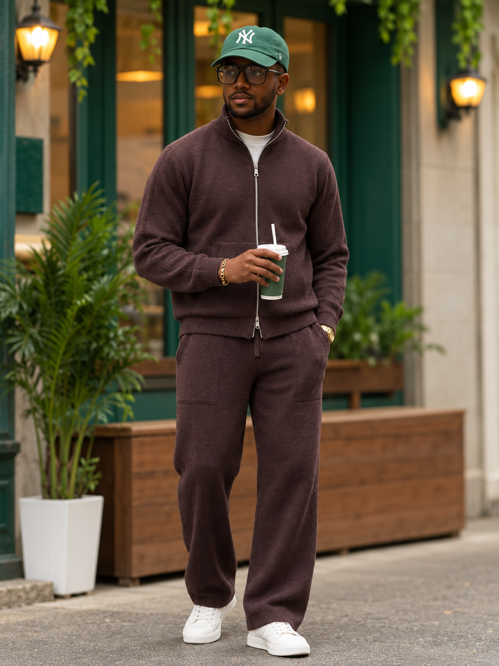 Ensemble En Maille Homme Col Montant Zippé Et Pantalon Droit
