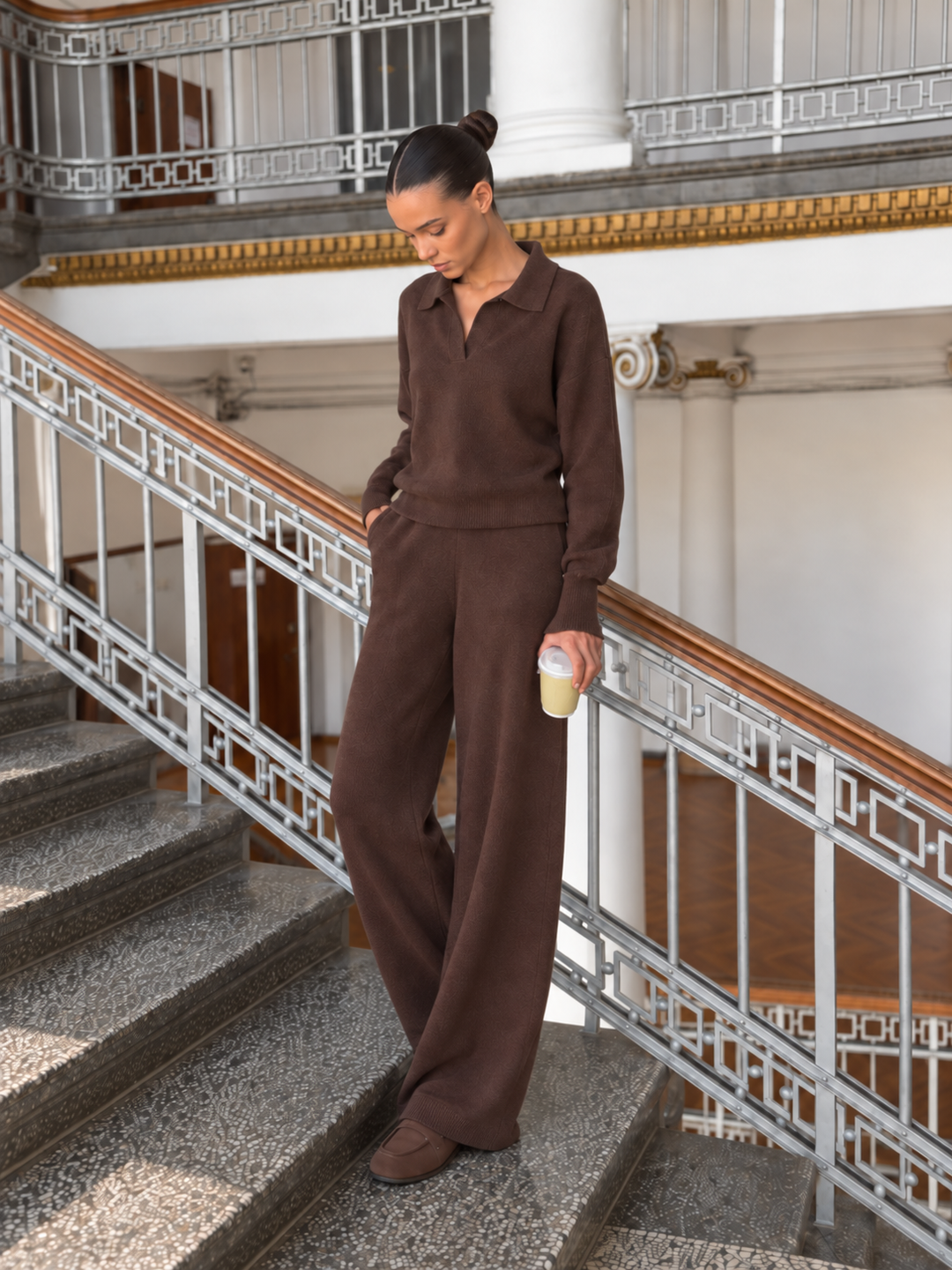 Ensemble En Maille Femme Col Polo Et Pantalon Assorti
