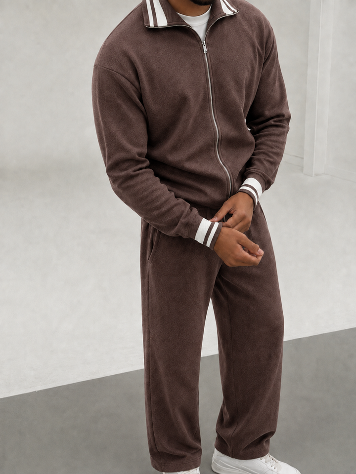Ensemble En Maille Homme Zip Integral Col Contrasté Et Pantalon