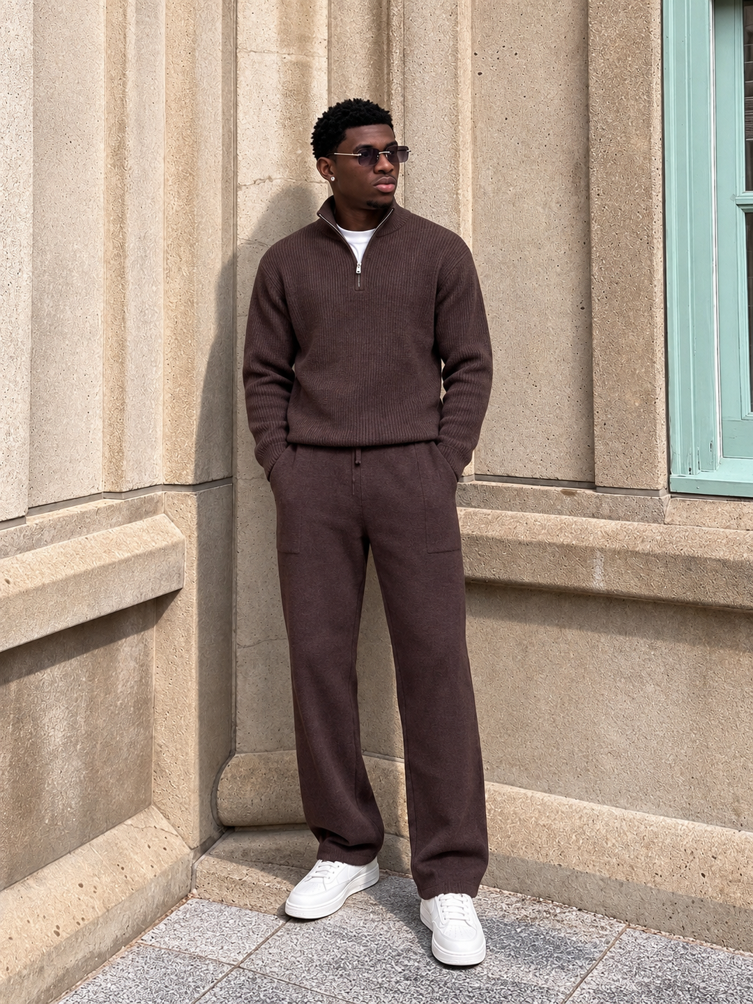 Ensemble En Maille Homme Demi Zip Col Montant Et Pantalon