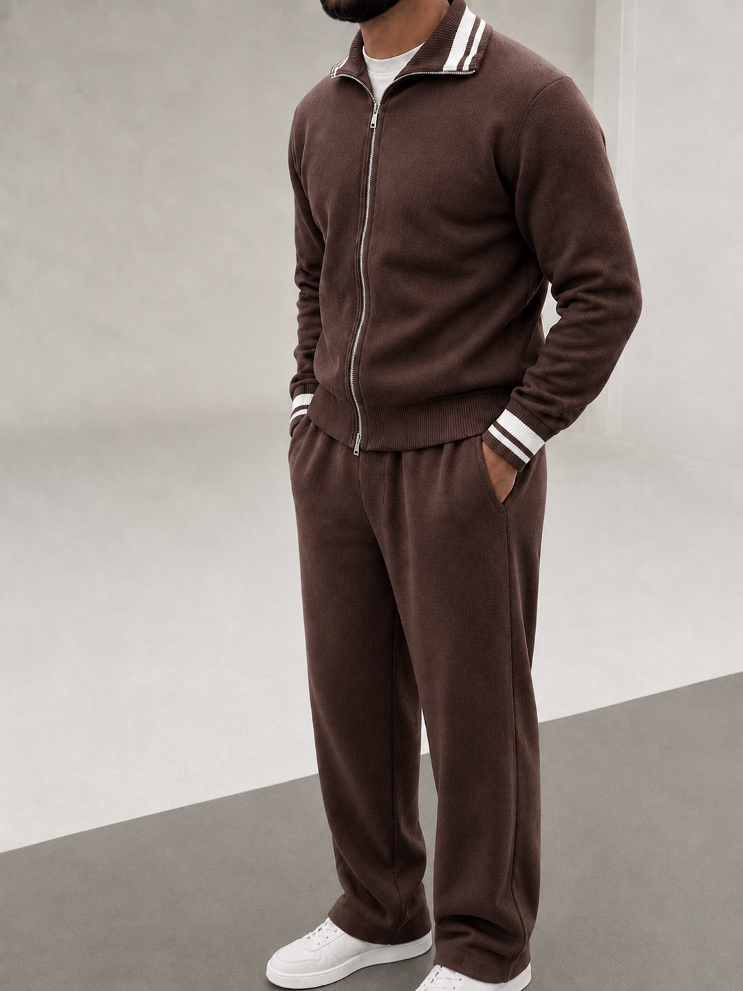 Ensemble En Maille Homme Zip Integral Col Contrasté Et Pantalon