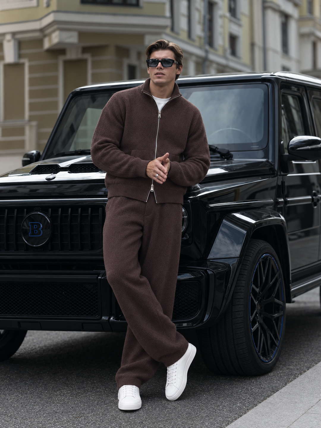 Ensemble En Maille Homme Col Montant Zippé Et Pantalon Droit