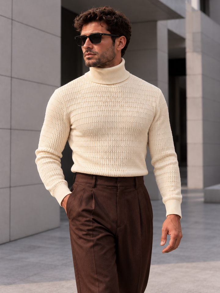 Pull Col Roulé Homme Côtes Verticales En Maille