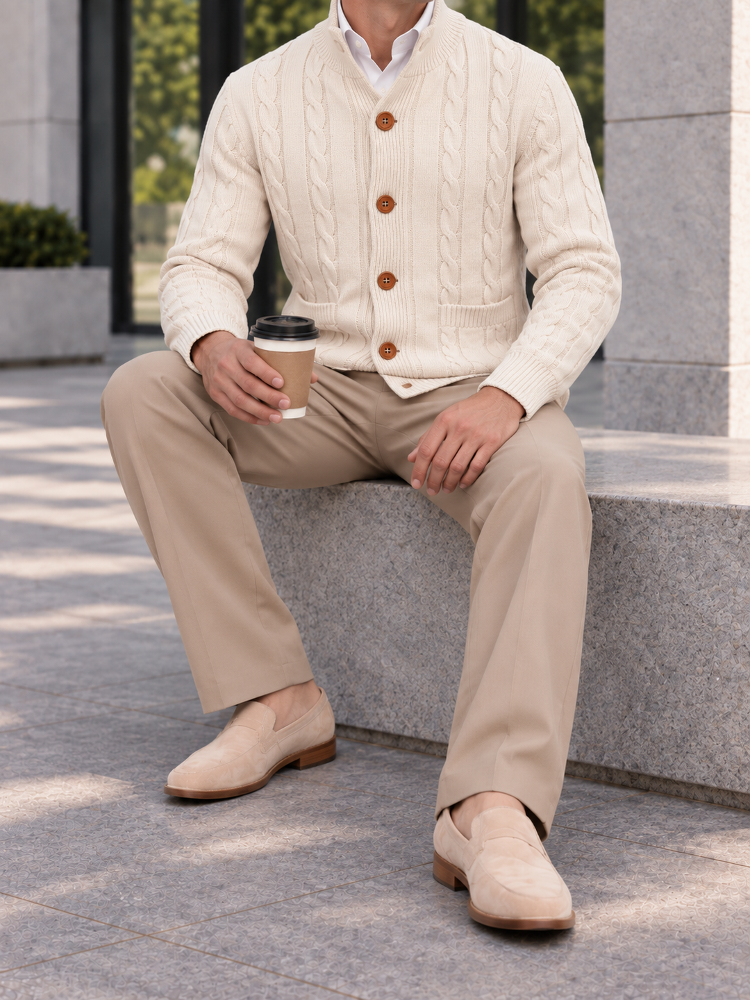 Cardigan Homme Maille Torsadée Boutonné Avec Petit Col Montant