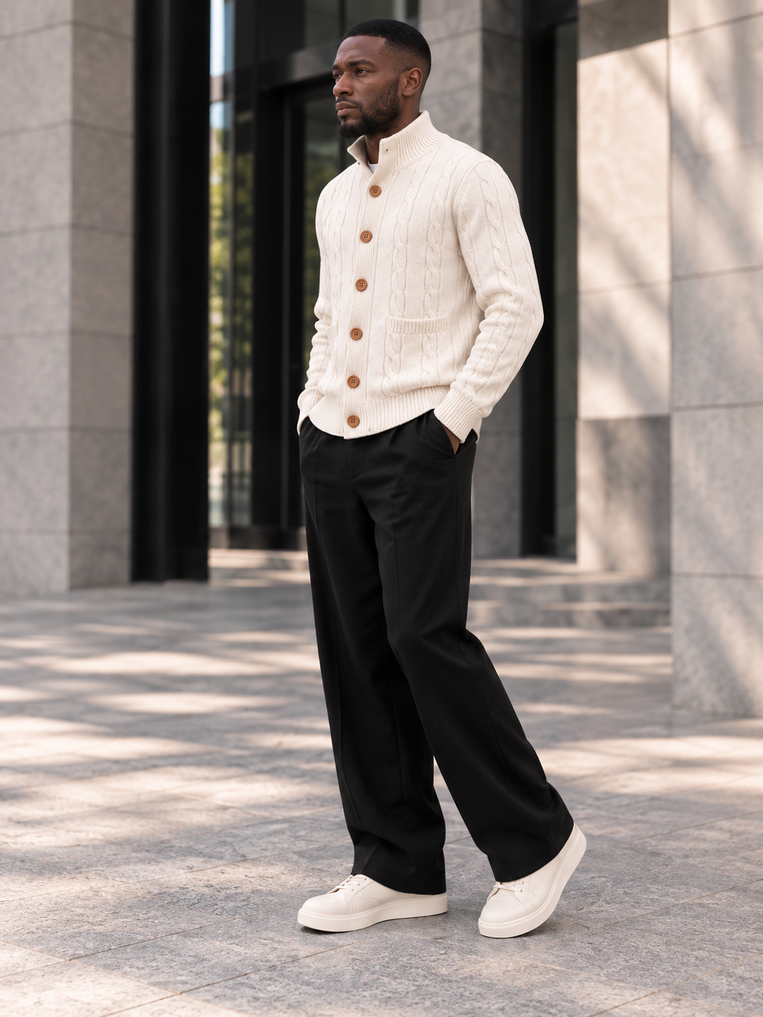 Cardigan Homme Maille Torsadée Boutonné Avec Petit Col Montant